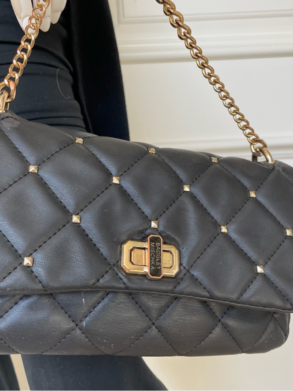 Badgley Mischka Black Quilted Chain Shoulder Bag Studded Flap Purse